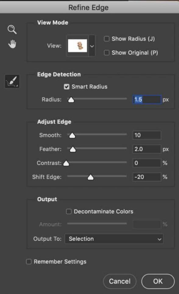 radius and edge settings in photoshop