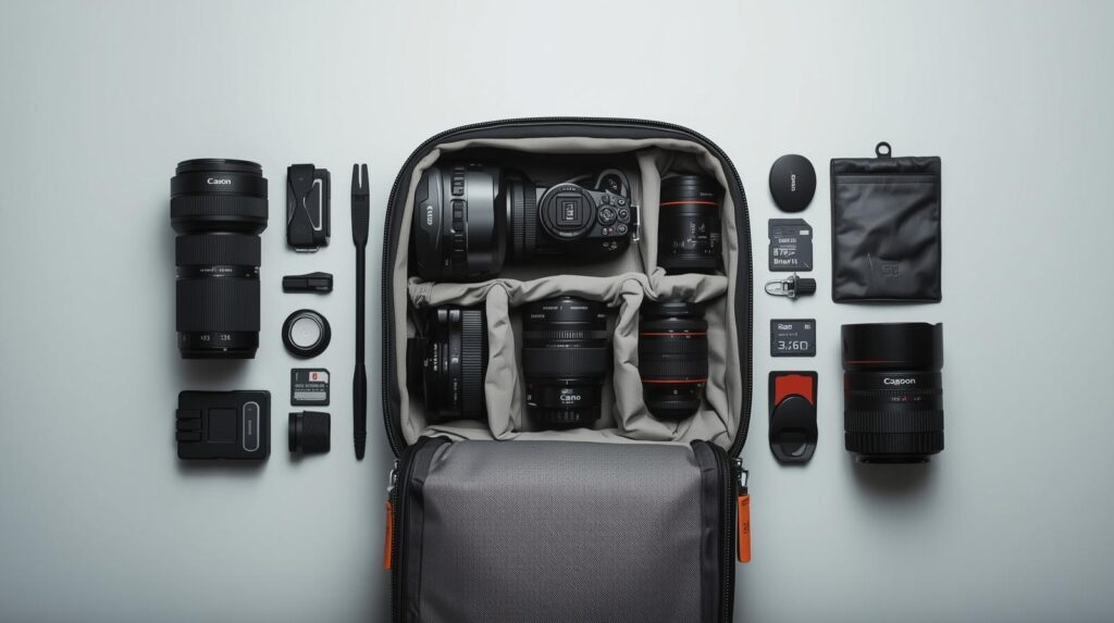 Whats in My Camera Bag Flat lay of camera gear inside a camera bag for instagram story ideas