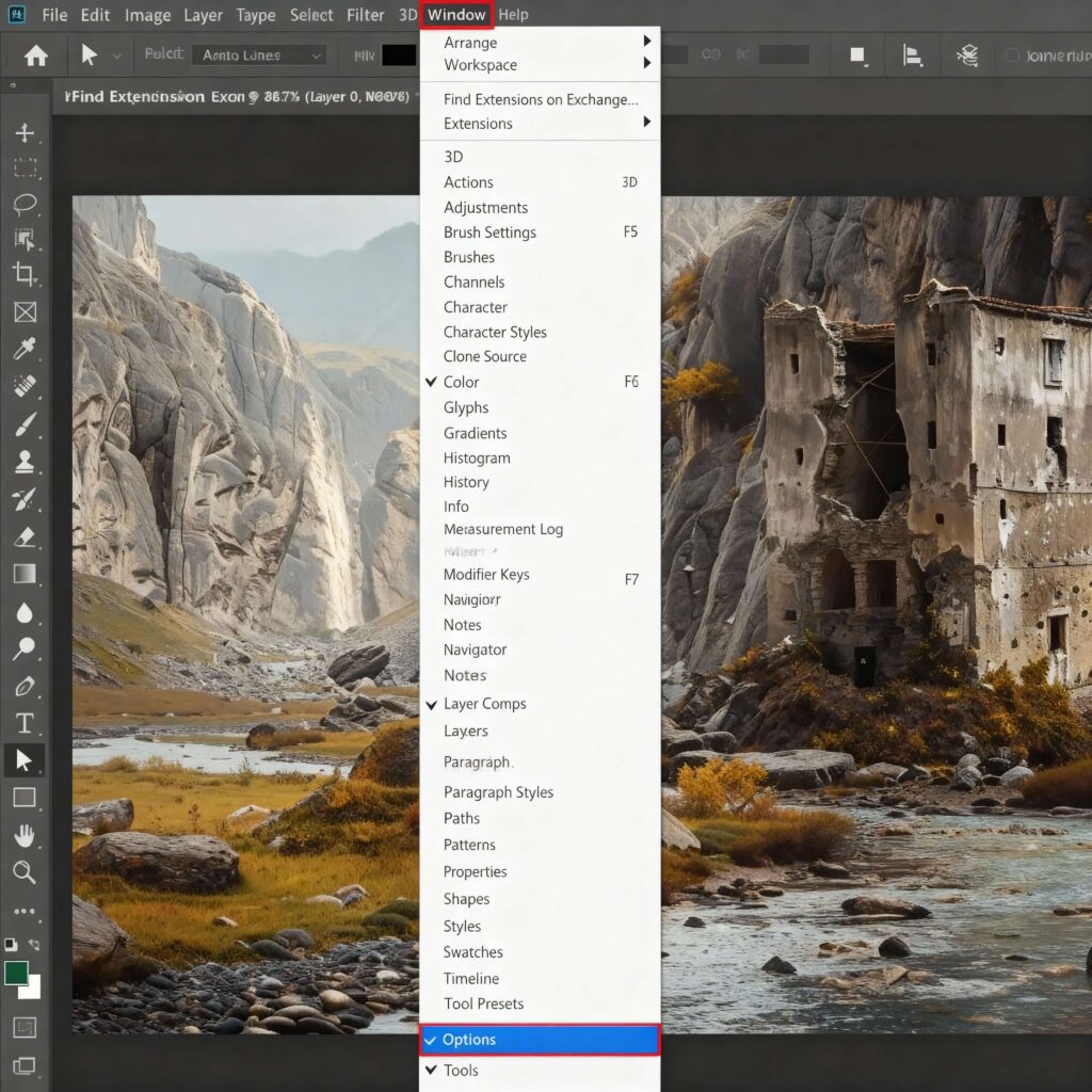 Photoshop options bar on Mac displaying tool-specific settings and controls
