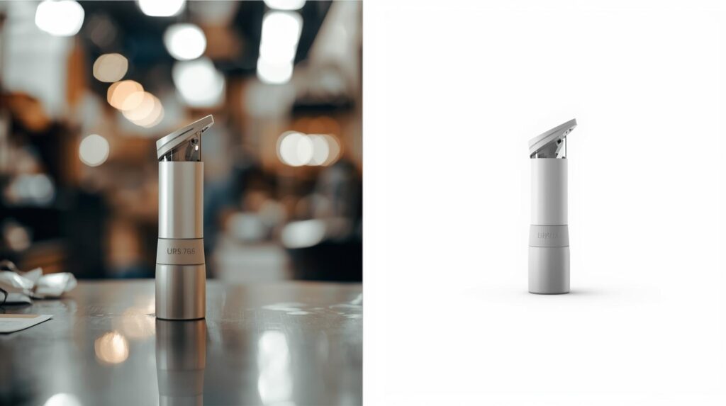 Comparison of product with messy background versus  clean white ecommerce background