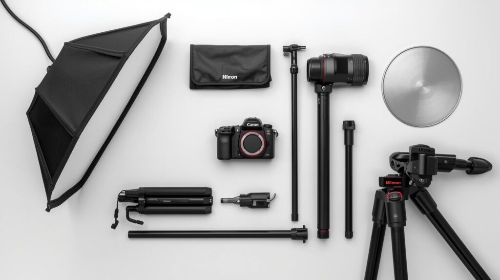 Photography tools and editing equipment used for white background product photos