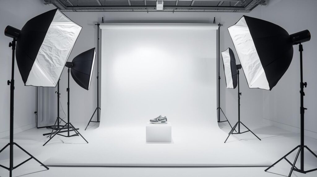 Product photography setup in a white background studio with soft lighting