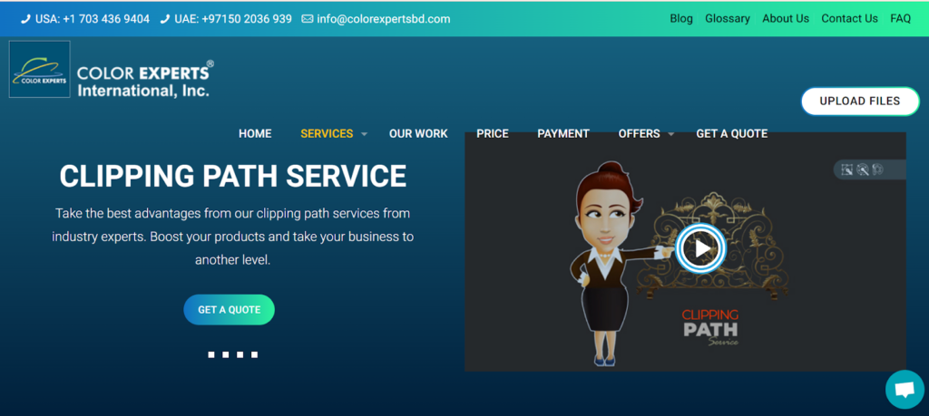 Screenshot of Color Expert BD homepage offering London clipping path solutions