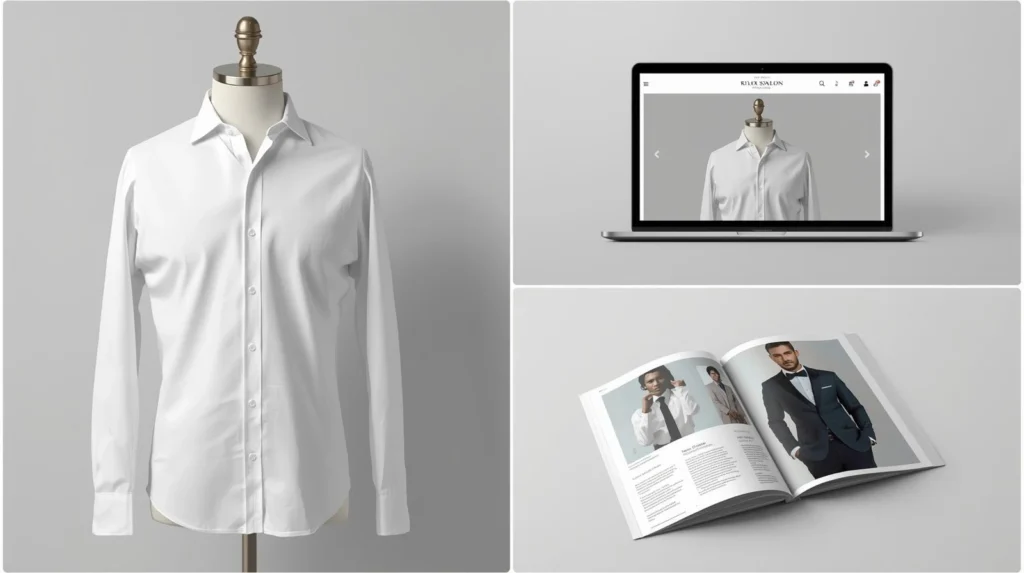 Benefits Of Ghost Mannequin For Apparel Brands 1 Composite image showing a ghost mannequin white shirt with collar detail, displayed on an ecommerce website mockup and in a printed fashion catalog to illustrate consistent branding across platforms.