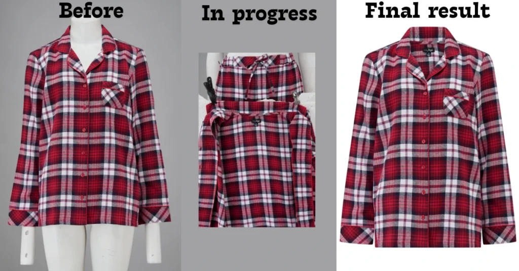 Benefits Of Ghost Mannequin For Apparel Brands Before, in-progress, and final ghost mannequin editing stages of a shirt showing how the technique enhances apparel presentation for brands.