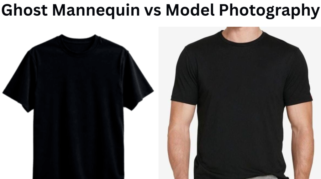 Side-by-side visual comparison of ghost mannequin and model photography for apparel product display.