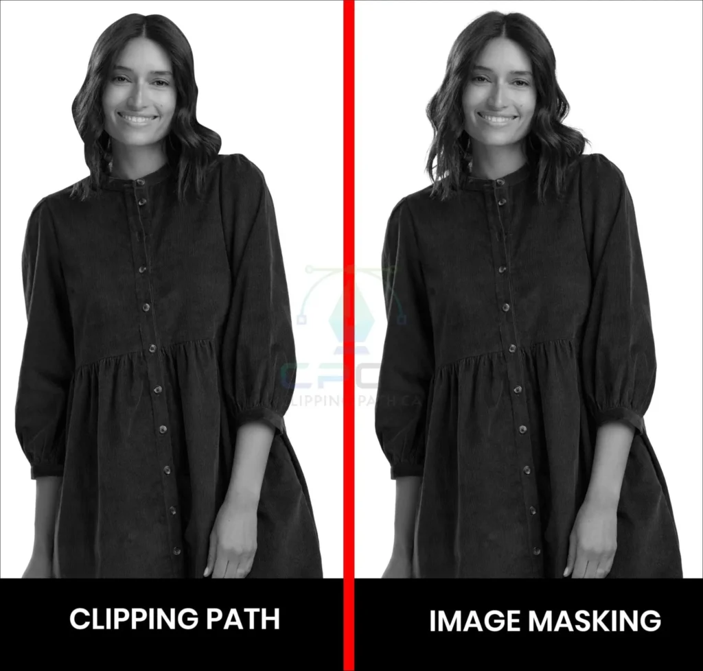 Tool or Technique Complexity Girl’s photo demonstrating clipping path on the left and image masking on the right.