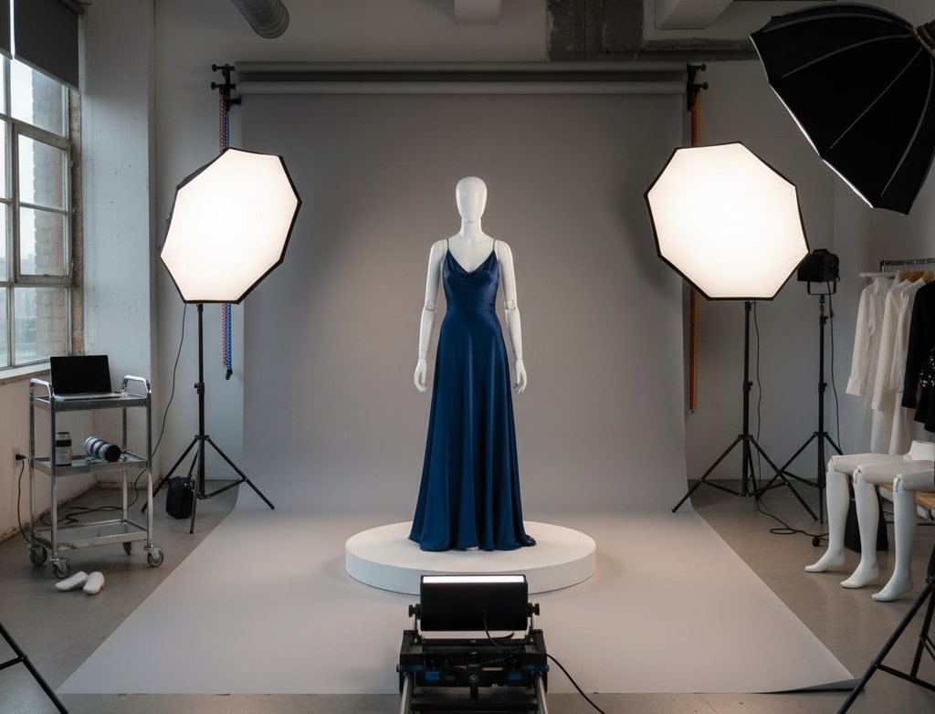 Equipment and Setup Requirements Photography setup with camera, lighting, and mannequin for ghost mannequin product shoots