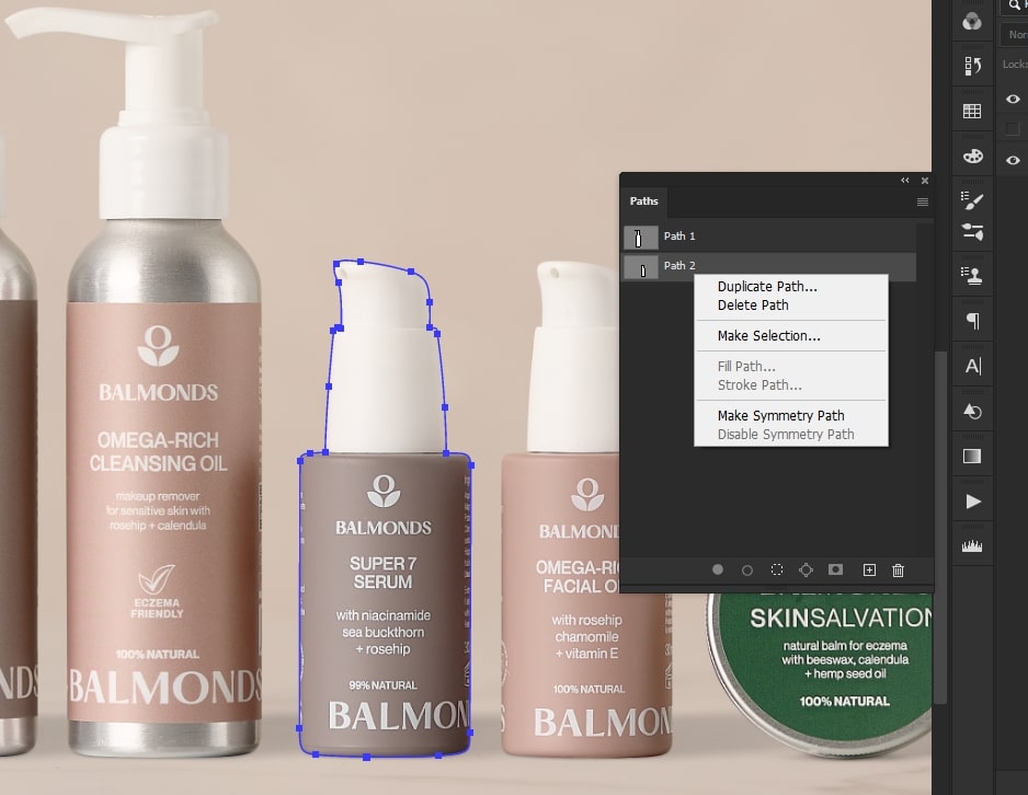 Separating Layers Paths Panel Photoshop Paths panel showing multiple saved paths for layer-based editing control