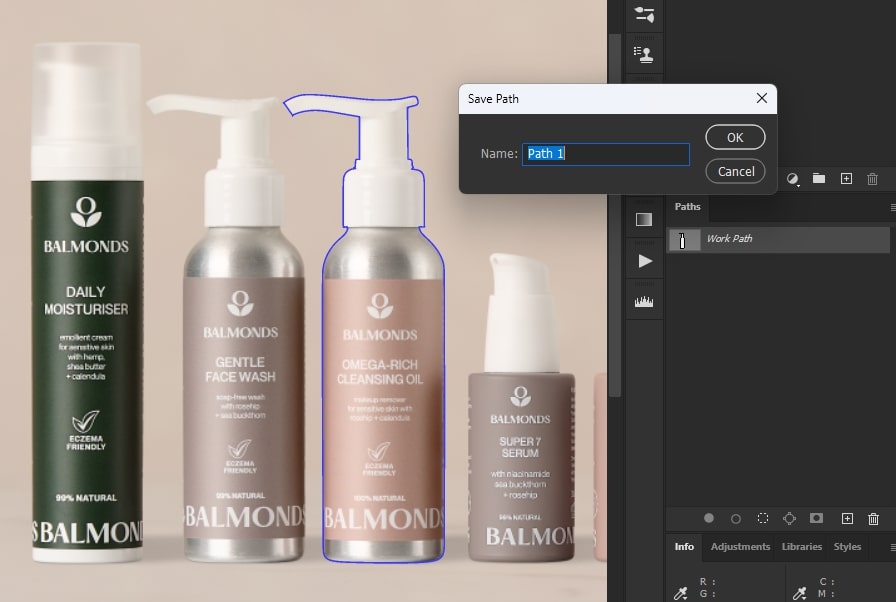 Separating Layers Save Path Photoshop screenshot showing the Save Path option used to separate product elements into individual layers