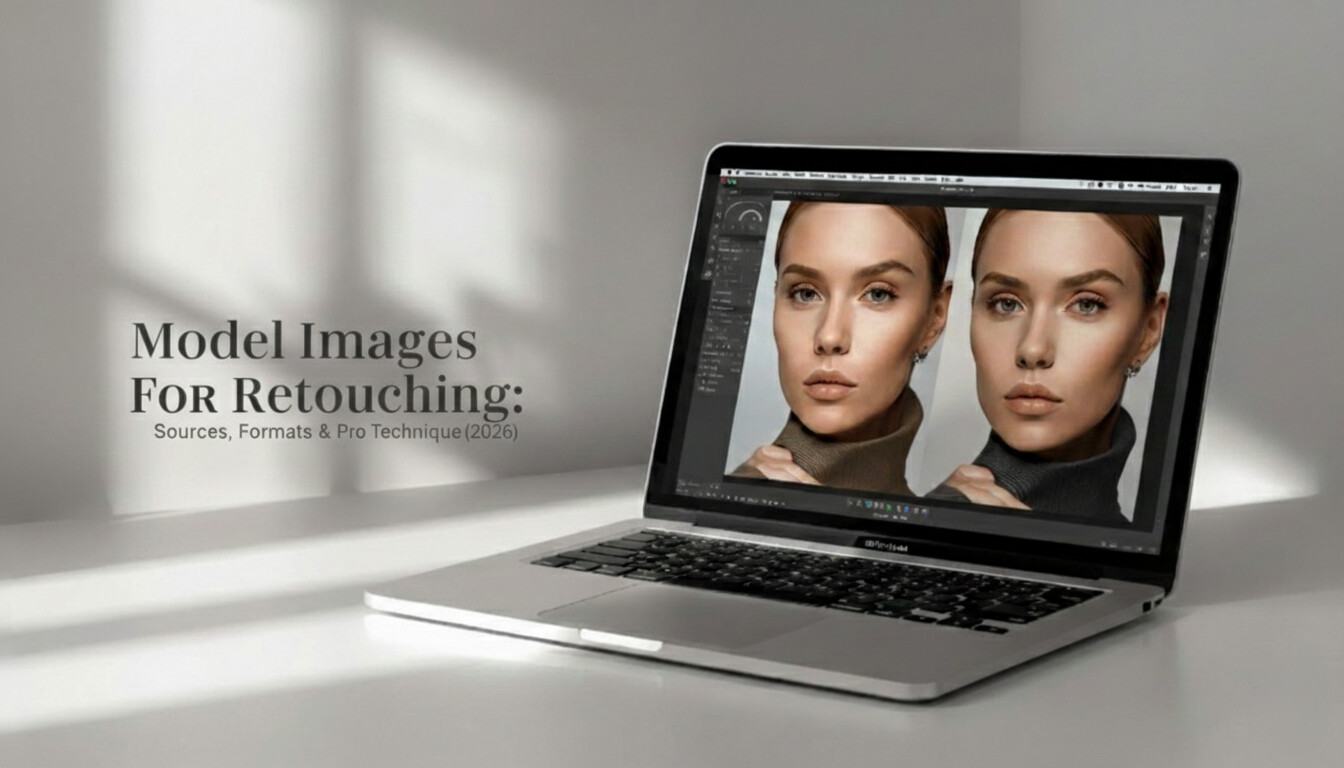 High-quality model images for retouching displayed on a laptop screen, showing before-and-after photo editing for professional techniques.