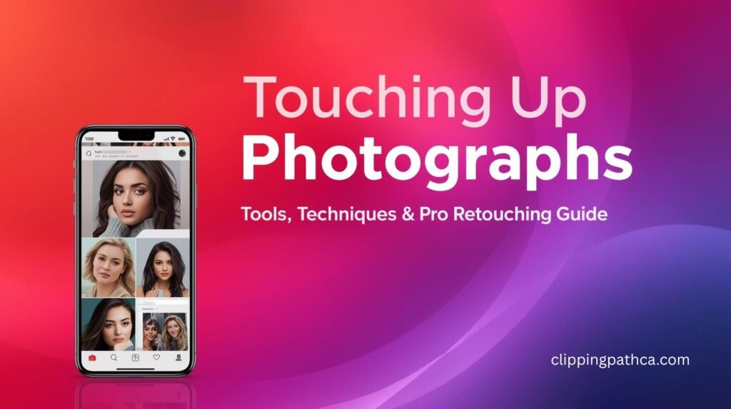 Touching up photographs with professional retouching techniques shown in before and after comparison