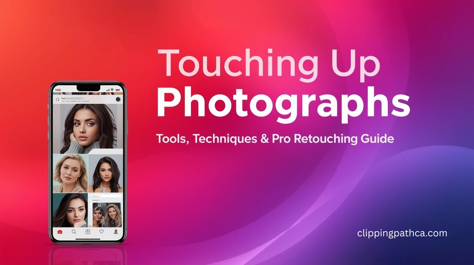 Touching up photographs with professional retouching techniques shown in before and after comparison