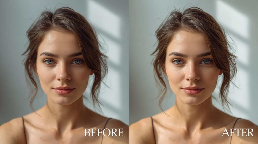 Photograph retouching process showing before and after professional photo editing