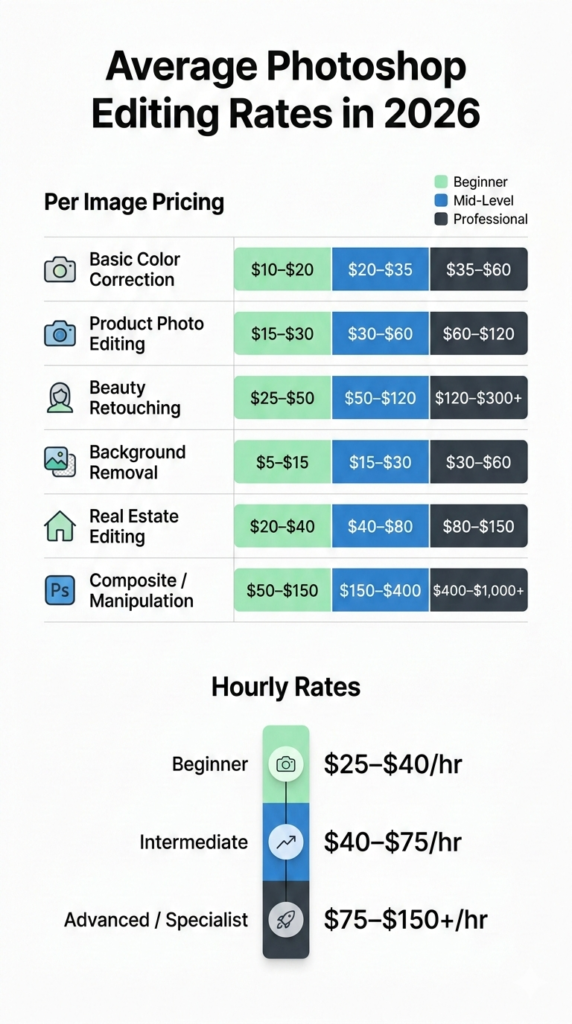 average photoshop editing rates 2026 infographic How Much To Charge For Photoshop Editing? Ultimate 2026 Pricing!