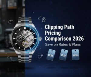 Clipping Path Pricing Comparison 2026 showing professional ecommerce product with before and after clipping path edits and price tags