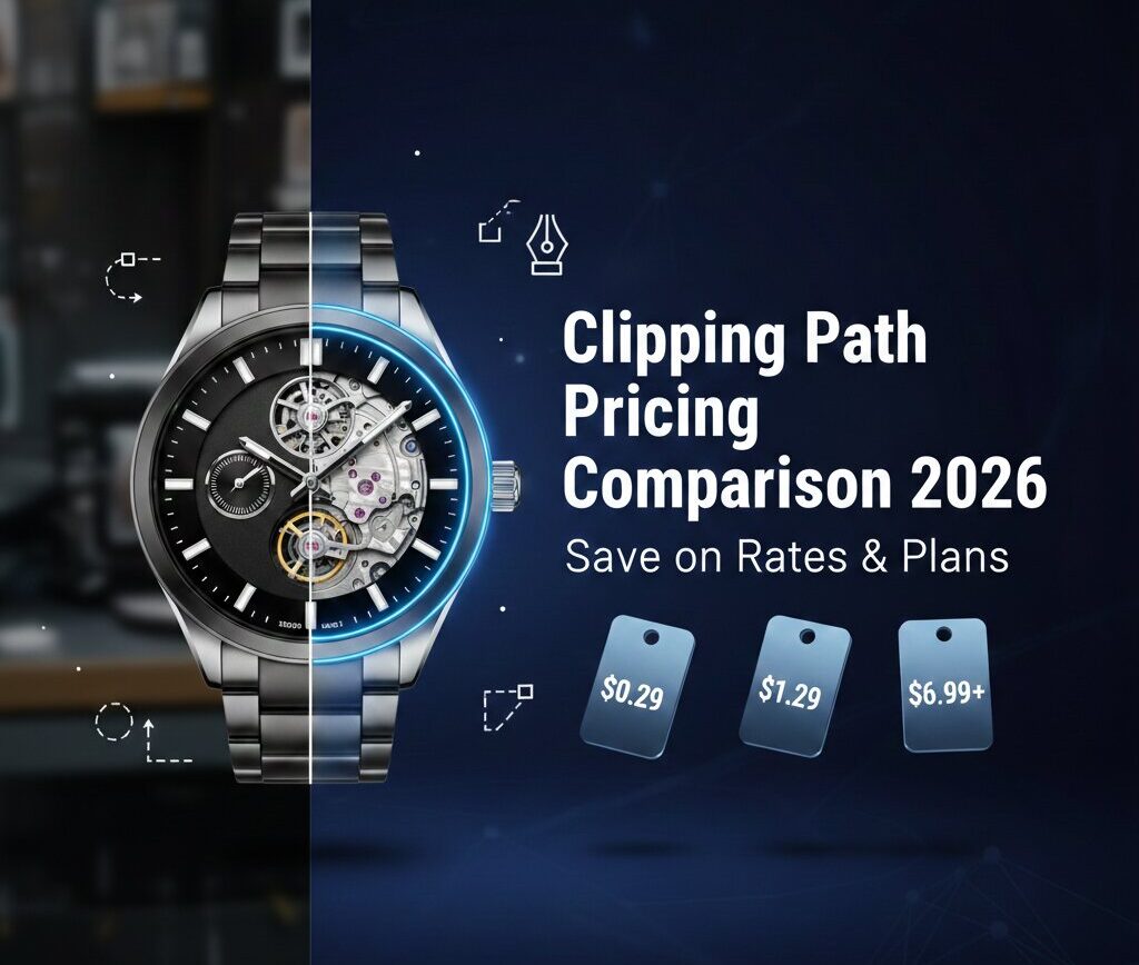 Clipping Path Pricing Comparison 2026 showing professional ecommerce product with before and after clipping path edits and price tags