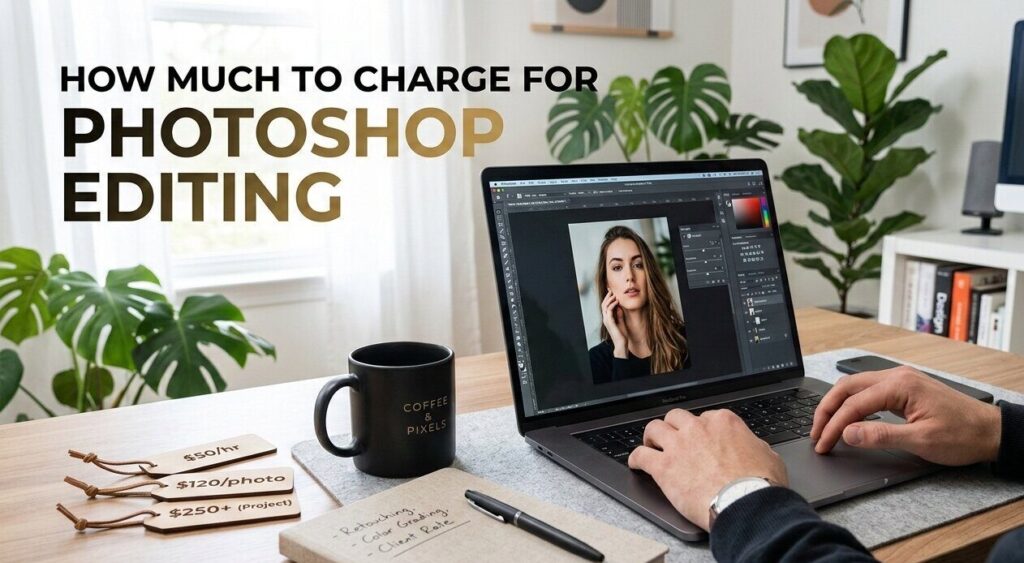 Professional workspace showing Photoshop editing on laptop with pricing concept – how much to charge for Photoshop editing