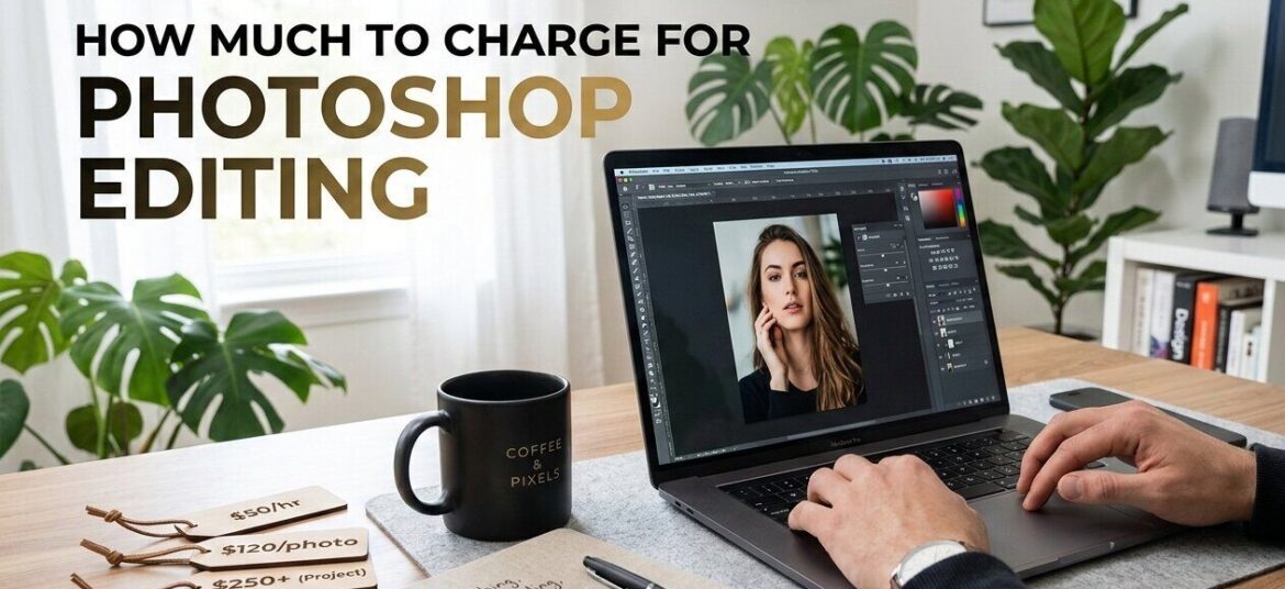 Professional workspace showing Photoshop editing on laptop with pricing concept – how much to charge for Photoshop editing